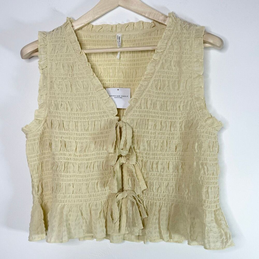 American Eagle Smocked Cropped Tie Front Khaki Color Sleeveless Top - US Women’s